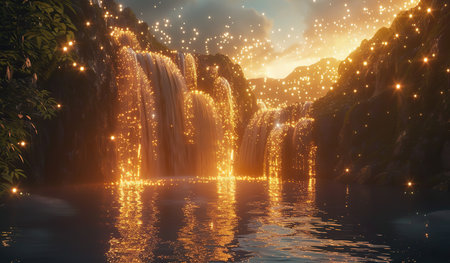 Waterfall with glowing particles in a magical forest. The concept of magic and the purity of nature.の素材