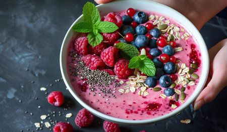 Bowl with fruit smoothie and seeds on a dark background. The concept of healthy eating.の素材