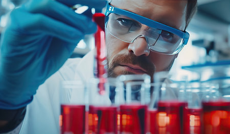 Scientist in a laboratory conducting fluid analysis. The concept of medical research and experimentation.の素材