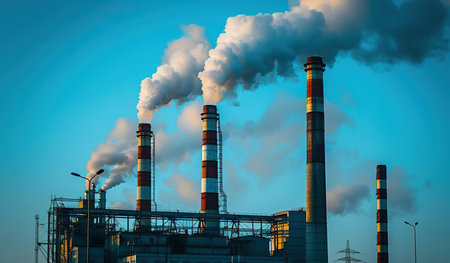Smoking stacks against a sunset sky. The concept of industrial production and ecology.の素材