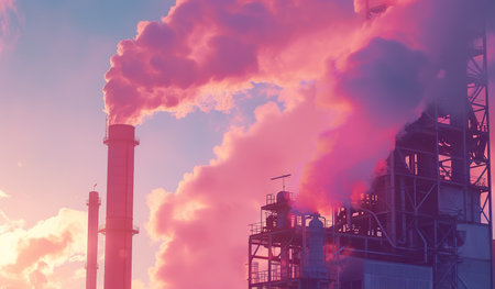 Steam emissions from industrial pipes against a pink sky. The concept of energy and ecology.の素材