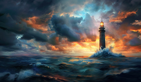Lighthouse against a stormy sea and sunset sky. The concept of hope and direction.の素材