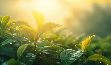 Dewdrops on leaves in sunlight. The concept of freshness and morning dew.の素材