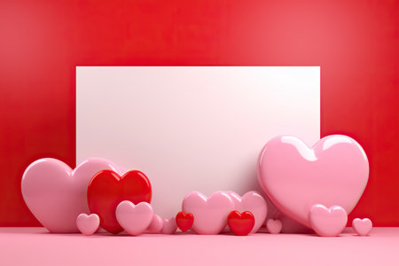 An arrangement of various-sized pink and red hearts around a blank white rectangular card against a red background.の素材