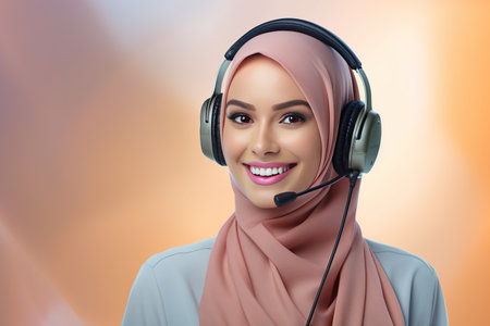 Portrait of a young smiling Muslim woman in a hijab with a headset on an orange-pink background.の素材
