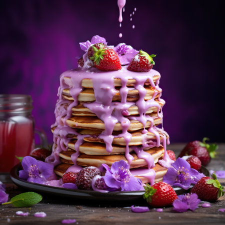 A stack of pancakes with pink icing, garnished with fresh berries and purple flowers on a backdrop.の素材