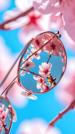 Glasses reflecting spring flowers on a blue background. Concept of attention to details of nature. Vertical format.の素材