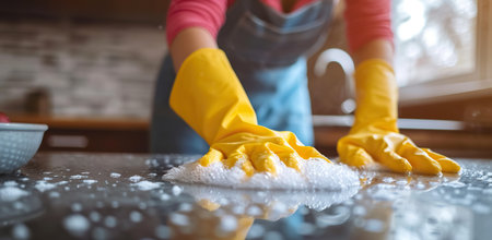 Cleaning the kitchen countertop in yellow gloves. The concept of cleaning and hygiene.の素材