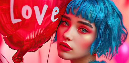 A young woman with blue hair next to red heart-shaped balloons. Concept of love and youth. Vertical format.の素材