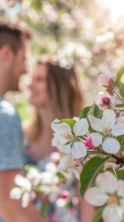 Young couple blurred against blooming branches background. Concept of romantic spring. Vertical format.の素材