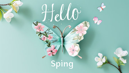 Butterfly with flowers on a turquoise background. The concept of spring and nature.の素材