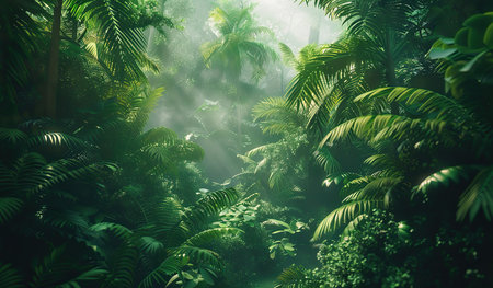 The image captures a dense forest teeming with various species of trees, their lush green foliage creating a captivating sight. The forest appears vibrant and full of life as the trees stand tall and thick, creating a canopy overhead.の素材