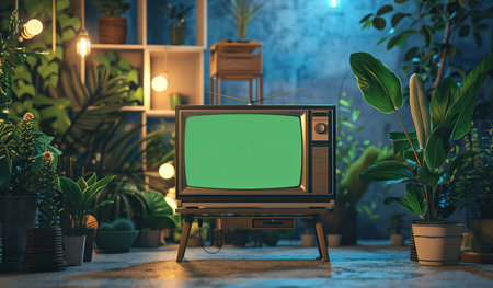 An old television set with a green screen is placed in a cozy room filled with various potted plants.の素材