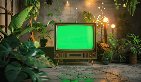 An old television displaying a green screen is placed in a room filled with lush green plants.の素材