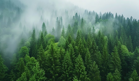A group of trees growing closely together in a forest, their trunks intertwined and branches reaching towards the sky.の素材