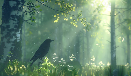 A black bird sits on top of a dense, vibrant green forest, blending in with the rich foliage as it calmly observes its surroundings.の素材