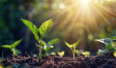 A cluster of small green plants emerging from the soil, showing the early stages of growth and development in a natural environment.の素材