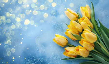 A vibrant bouquet of yellow tulips stands out against a solid blue background. The flowers are in full bloom, showing their bright petals and green stems.の素材