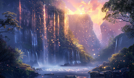 A detailed painting depicting a majestic waterfall surrounded by towering trees and lush greenery in the heart of a dense forest.の素材