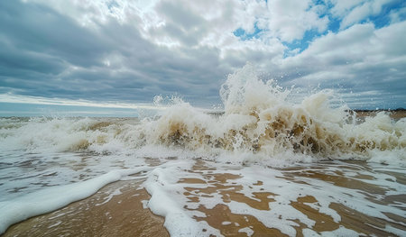 A forceful wave crashes onto a sandy beach under a dramatic cloudy sky. The water explodes and foams as it hits the shore, creating a dynamic and turbulent scene.の素材