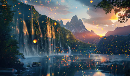 A painting capturing a waterfall flowing into a lake, with water cascading down creating ripples and waves in the tranquil water.の素材