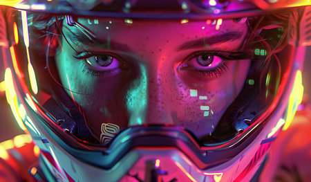A person wearing a helmet with neon lights in the background, standing or moving in a brightly lit environment.の素材
