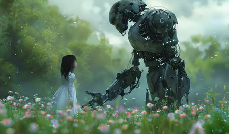A woman is standing next to a robot in a vast field filled with colorful flowers, under a clear blue sky on a sunny day.の素材