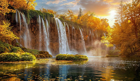 A painting depicting a majestic waterfall cascading down rocks amidst a dense forest setting, surrounded by vibrant greenery and tall trees.の素材
