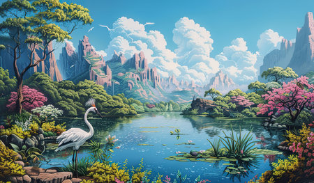 A painting featuring swans gracefully swimming on a lake with majestic mountains in the background.の素材