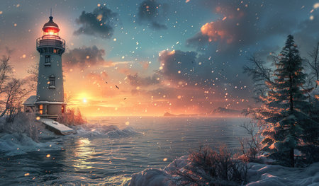A realistic painting depicting a lighthouse standing tall in a winter scene with snow covering the ground and falling gently from the sky.の素材