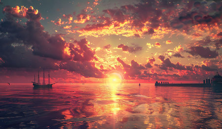 A stunning sunset casts hues of orange and pink over the ocean, with several boats peacefully floating in the calm waters.の素材