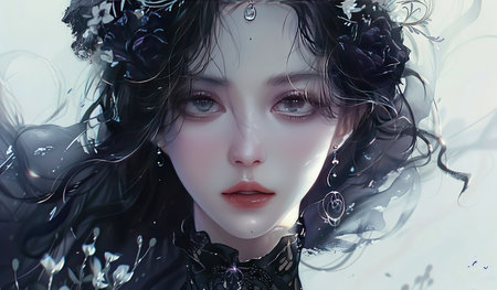 A detailed view of a person wearing a fitted black dress, showing the fabrics texture and the dresses design elements.の素材