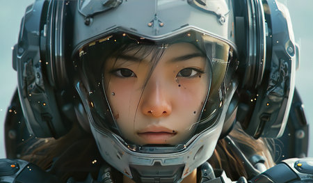 A close-up view of a person with a helmet on their head, showing details of the helmet and the person features.の素材