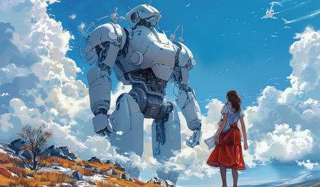 A woman is standing in front of a massive robot, looking up at its towering presence. The robot is metallic, with intricate details and glowing lights.の素材