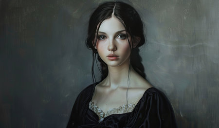 A painting depicting a woman wearing a black dress, her posture elegant and poised, set against a simple background.の素材