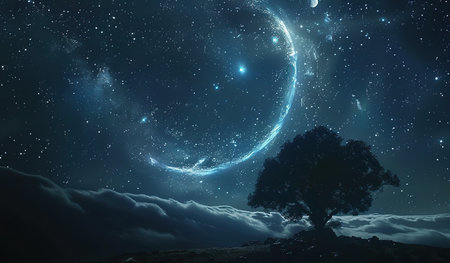 A tall tree stands against a dark night sky, illuminated by stars and a crescent moon.の素材