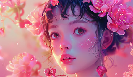 A painting featuring a woman with flowers intricately woven into her hair, beautifully capturing natures essence.の素材