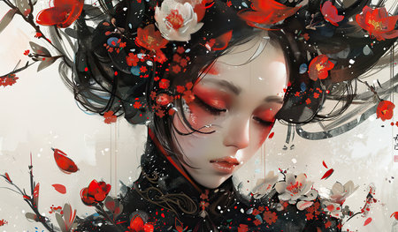 A painted portrait of a woman with a crown of vibrant flowers adorning her hair.の素材