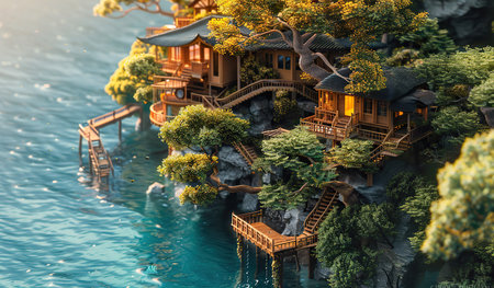 A house built into the side of a cliff, perched above a body of water, showing a unique architectural feat in a stunning natural setting.の素材