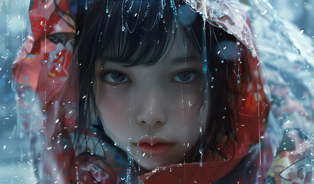 A young girl stands in the rain holding an umbrella to shield herself from the downpour. She is wearing a raincoat and seems prepared for the wet weather.の素材