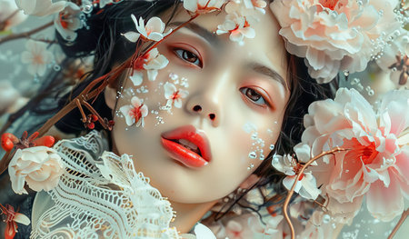 A woman is shown with various colorful flowers delicately placed in her hair, creating a natural and floral adornment.の素材