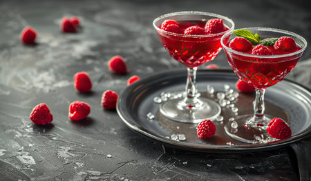 Two glasses filled with raspberry martini cocktails are elegantly placed on a white plate, creating a visually appealing and tasty presentation.の素材
