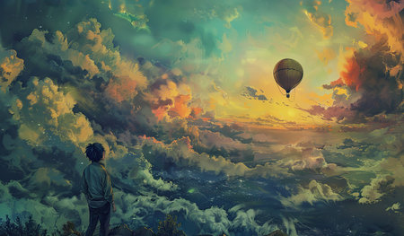A painting depicting a man gazing up at a colorful hot air balloon floating in the sky.の素材