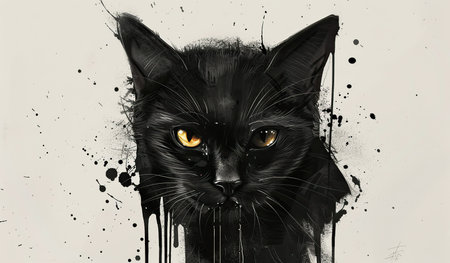 A realistic painting depicting a black cat with striking yellow eyes, capturing the intensity and mystery of the feline gaze.の素材