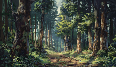 A painting depicting a path leading through a dense forest with rich green foliage and tall trees creating a sense of depth and mystery.の素材