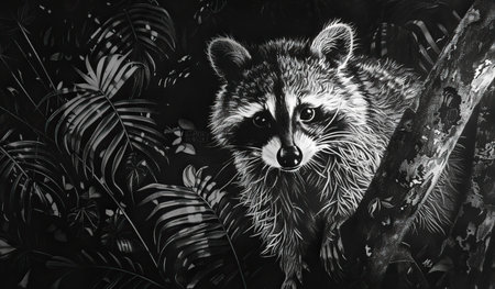 A raccoon standing upright in the middle of a dense forest, surrounded by tall trees and foliage, showing its natural habitat.の素材