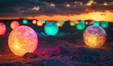Numerous spherical glowing balls scattered on the sandy surface, illuminating the area with a soft light.の素材