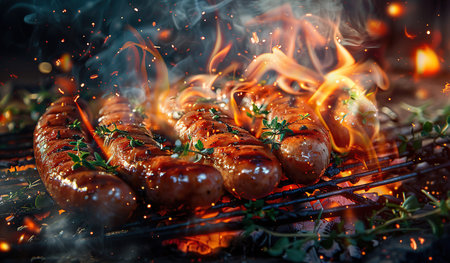 A multitude of hot dogs are sizzling on a grill, surrounded by intense flames, as they cook to perfection.の素材