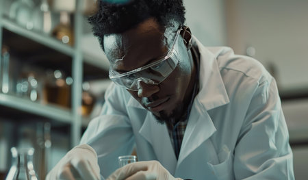 A man wearing a white lab coat and protective goggles is seen intensely focused while working on an experiment in a laboratory setting.の素材
