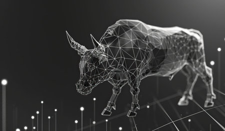 A striking bull is depicted in a black and white setting, showing its powerful presence and iconic features.の素材
